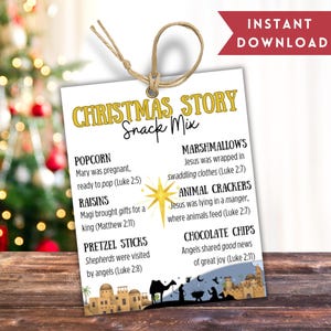 May include: A white tag with the text "Christmas Story Snack Mix" in gold lettering, listing snack items with biblical references. The tag is tied with twine and has a red banner that says "Instant Download".