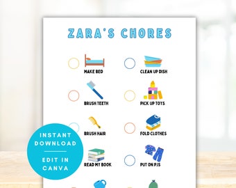 Toddler Chore Chart, Kids Summer Chore Chart With Pictures, Printable Individualized Dry Erase Chore Chart, Editable in Canva