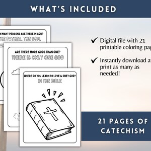 May include: Black and white printable coloring pages for children featuring religious catechism questions. The pages include illustrations of a cross, a bible, and a cloud. The text on the pages includes questions like "How many persons are there in God?" and "Where do you learn to love and obey God?"