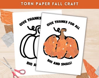 Manualidad de otoño para la escuela dominical con papel rasgado, manualidades de otoño para preescolar, manualidad de Acción de Gracias, página para colorear de calabaza para dar las gracias