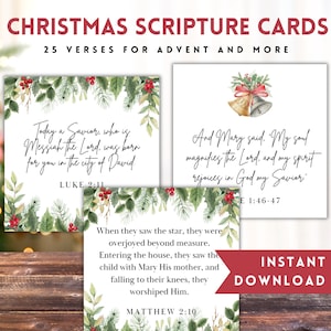 Cartões com versículos bíblicos de Natal cristãos, cartões com escrituras do advento para calendário de contagem regressiva de Natal, etiquetas para presentes, kit de quadro de oração ou diário de lixo