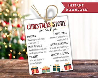 May include: A printable Christmas Story Snack Mix tag with a red and white striped border. The tag features a list of Christmas story verses and corresponding snacks. The snacks include popcorn, M&M candies, pretzels, candy canes, animal crackers, and chocolate kisses.