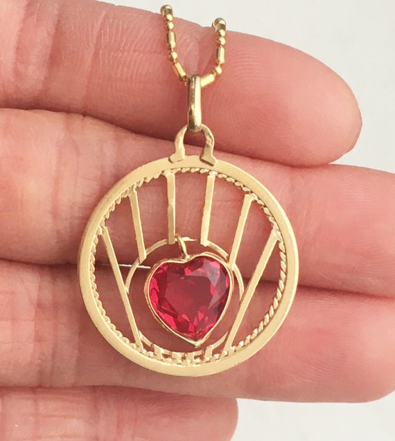RARE yellow gold Ruby Vintage French Heart Pendan… - image 5