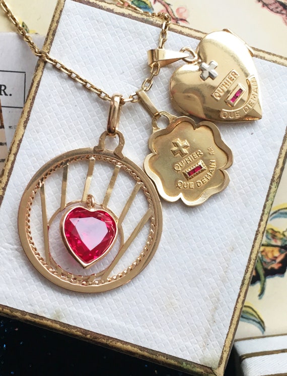 RARE yellow gold Ruby Vintage French Heart Pendan… - image 7