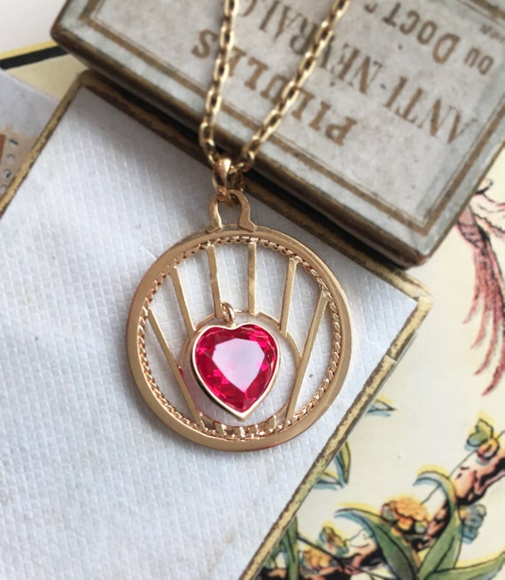 RARE yellow gold Ruby Vintage French Heart Pendan… - image 1