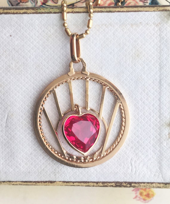 RARE yellow gold Ruby Vintage French Heart Pendan… - image 2
