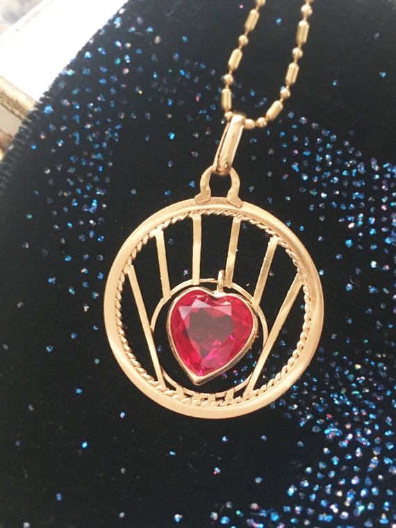 RARE yellow gold Ruby Vintage French Heart Pendan… - image 6