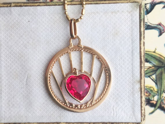 RARE yellow gold Ruby Vintage French Heart Pendan… - image 3