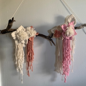 Handcrafted Macrame Flowers Blossom on Driftwood
