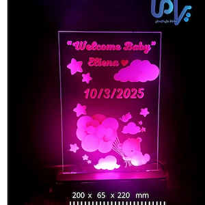 Panneau de bienvenue pour bébé découpé au laser, nom et date modifiables, veilleuse en acrylique à LED, cadeau pour bébé garçon, téléchargement SVG