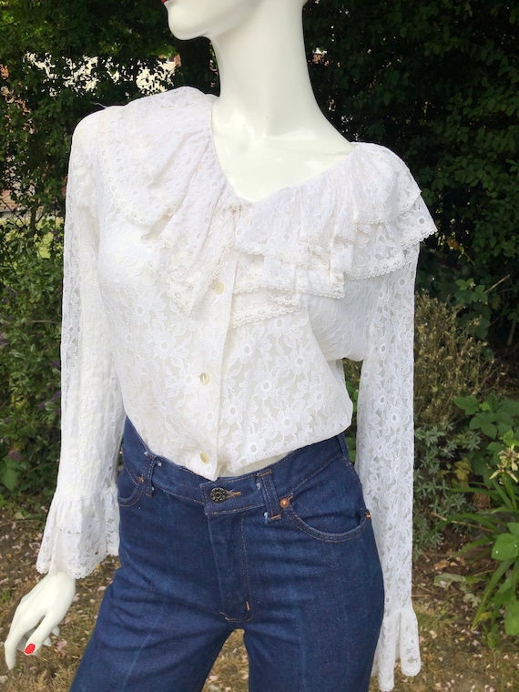1970’s White lace blouse with ruffle collar and cu