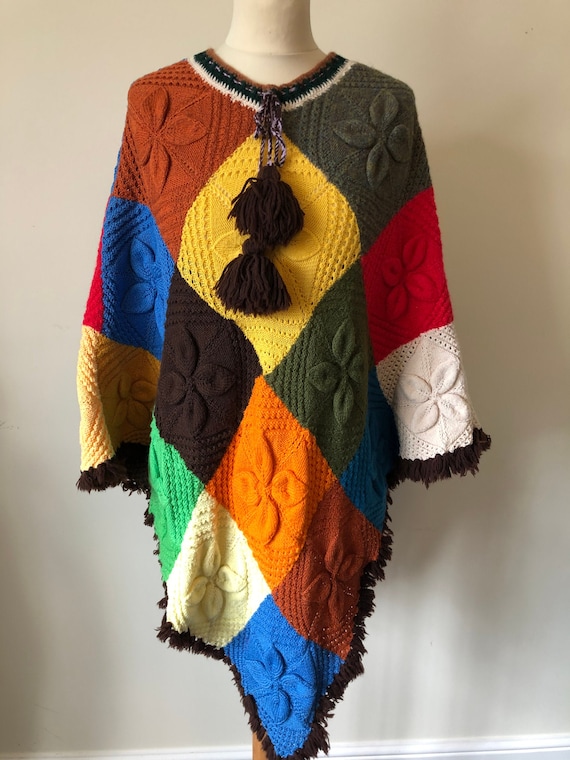 1970’s Hand knitted patch work poncho with toggles