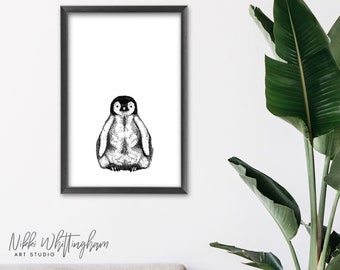 Print - Penguin - Animal Art - Baby Penguin Art - A4 A5 A6 Gicleé Prints - Drawing - Ink - Stippling - Wall Art