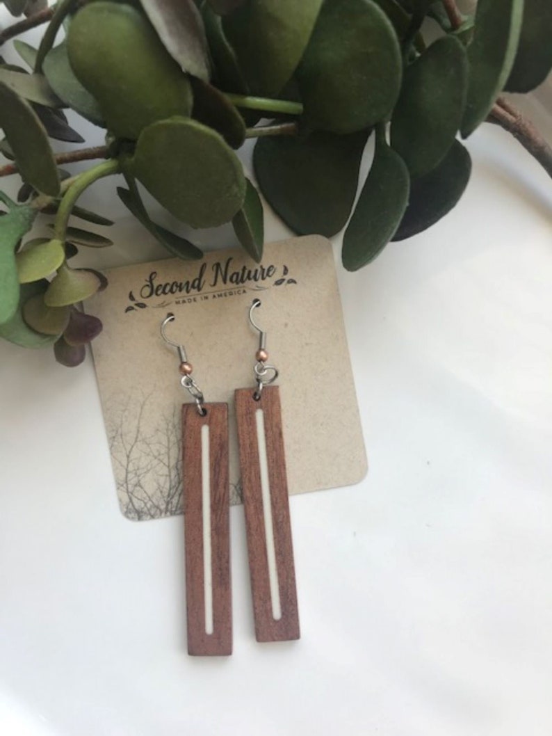 Skinny Rectangle Earrings Dangle Drop Bar Earring Wood Earrings Unique Designs Made in the USA Lightweight Earrings Organic Earrings
