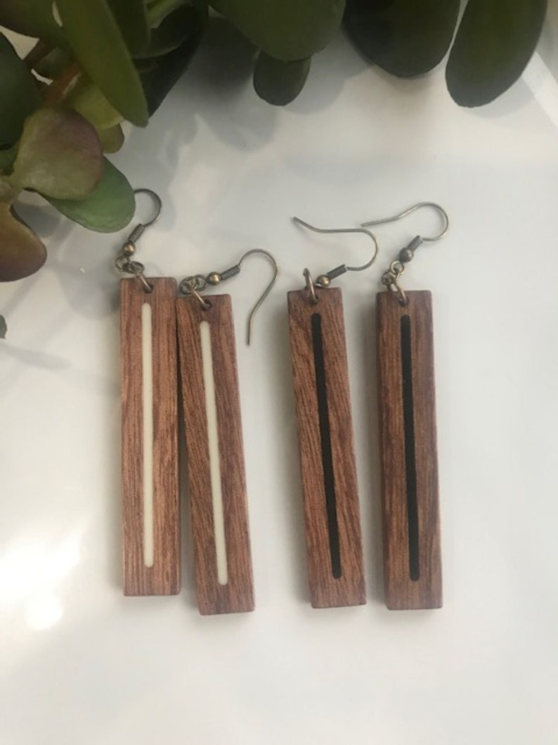 Skinny Rectangle Earrings Dangle Drop Bar Earring Wood Earrings Unique Designs Made in the USA Lightweight Earrings Organic Earrings