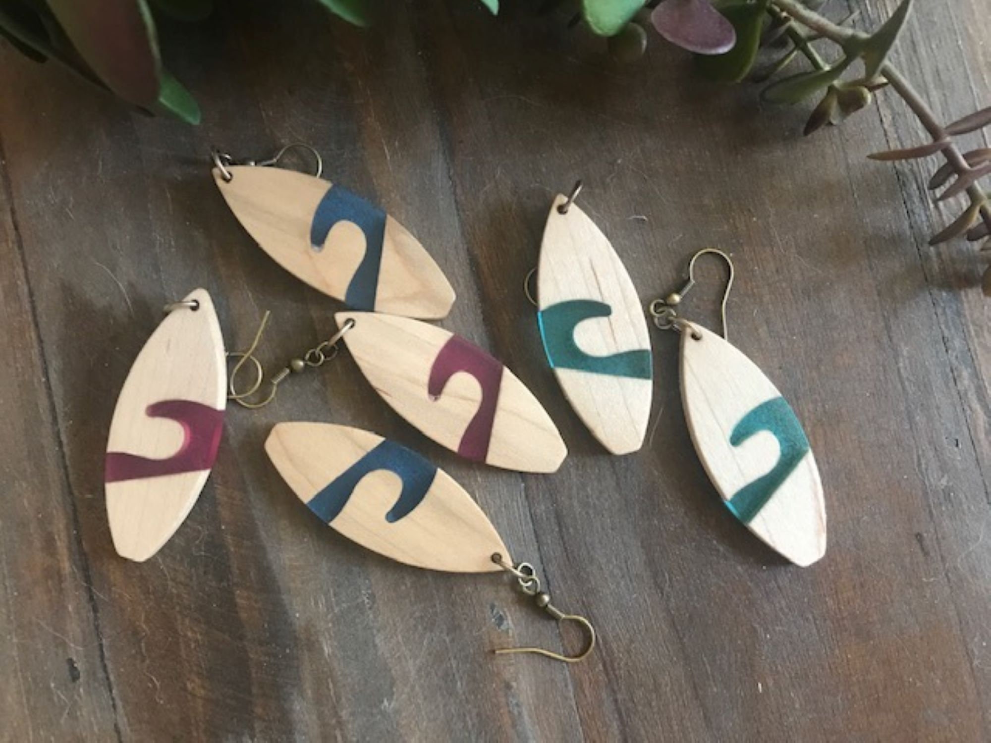 Surfers Surfboard Earrings Wood Earrings Colorful Earrings Etsy