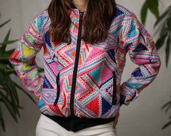 Bunte Trainingsjacke - Vintage Jacke - Festivaljacke - Stickerei Bomberjacke -  Einzelstück! - Tribal Muster Reißverschlussjacke