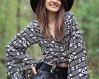 Boho Flare Tie Top, Boho Wikkel Top, Festival Crop Top, Mouw Tie Top, Hippie Top, Vintage Stijl TOP