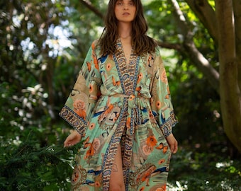 Silk Kimono Robe, Dressing Gown, Vintage Kimono, Bridal Robe, Boho Kimono, Loungewear