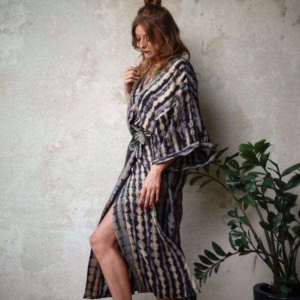 elegant tie dye kimono dress • boho kimono wrap robe • festival dress • sustainable clothing