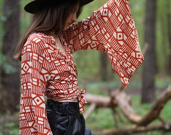 Boho Flare Tie Top, Boho Wrap Top, Festival Crop Top, Sleeve Tie Top, Hippie Top, Vintage Style TOP