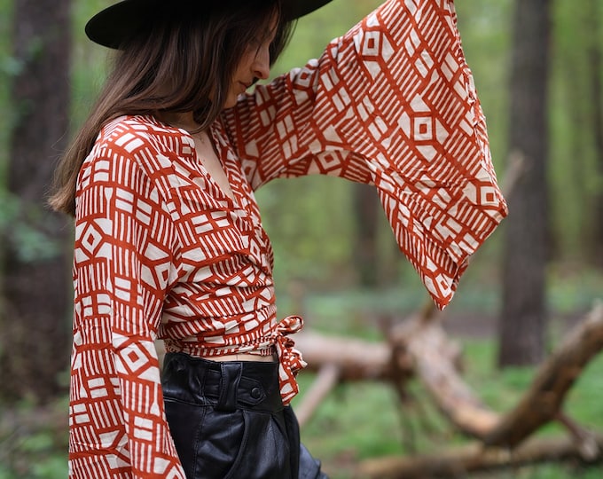 Boho Flare Tie Top, Boho Wrap Top, Festival Crop Top, Sleeve Tie Top, Hippie Top, Vintage Style TOP