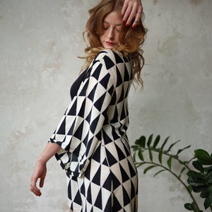 Szlafrok, Kimono Vintage, Kimono Boho, Odzież codzienna, Casual Kaftan, Czarny Biały, Szata Trójkątna