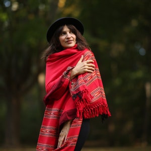 Wool scarf. Stole. Rug. Bohemian scarf. Ethnic scarf. Dark red scrarf Red