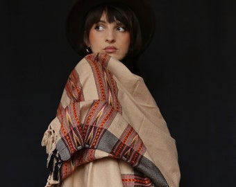 Wool scarf. Stole. Rug. Bohemian scarf. Ethnic scarf. Beige scrarf