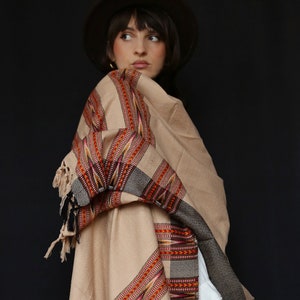 Wool scarf. Stole. Rug. Bohemian scarf. Ethnic scarf. Beige scrarf