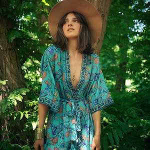 Robe kimono élégante, robe de chambre, kimono vintage, robe de mariée, kimono Boho, vêtements de détente Turquoise