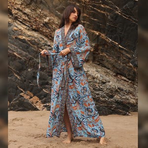 Kimono bohemio, bata, kimono para festivales, atuendo de playa, kimono largo, kimono llamativo