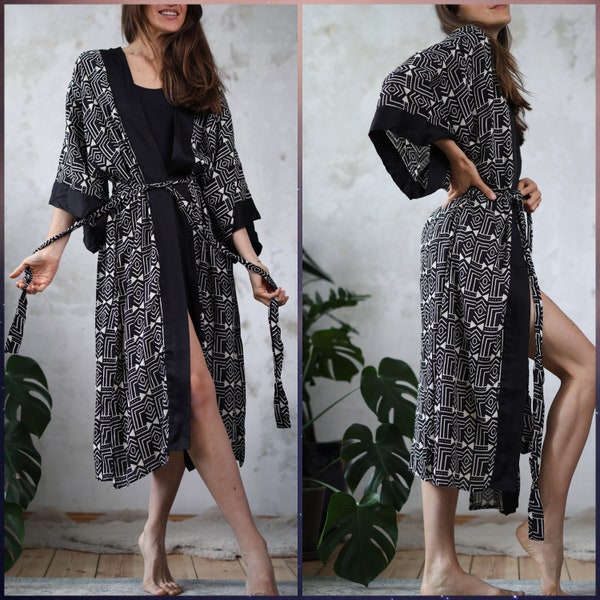 Boho-Chic: Elegantes Kimono-Kleid mit exklusivem Fächerdruck • Boho Kimono Wickel Robe • Blockdruck • Nachhaltige Kleidung