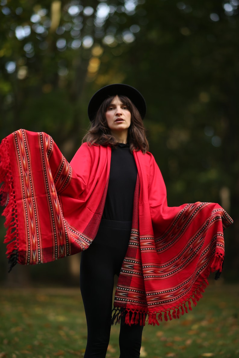 Wool scarf. Stole. Rug. Bohemian scarf. Ethnic scarf. Dark red scrarf image 2