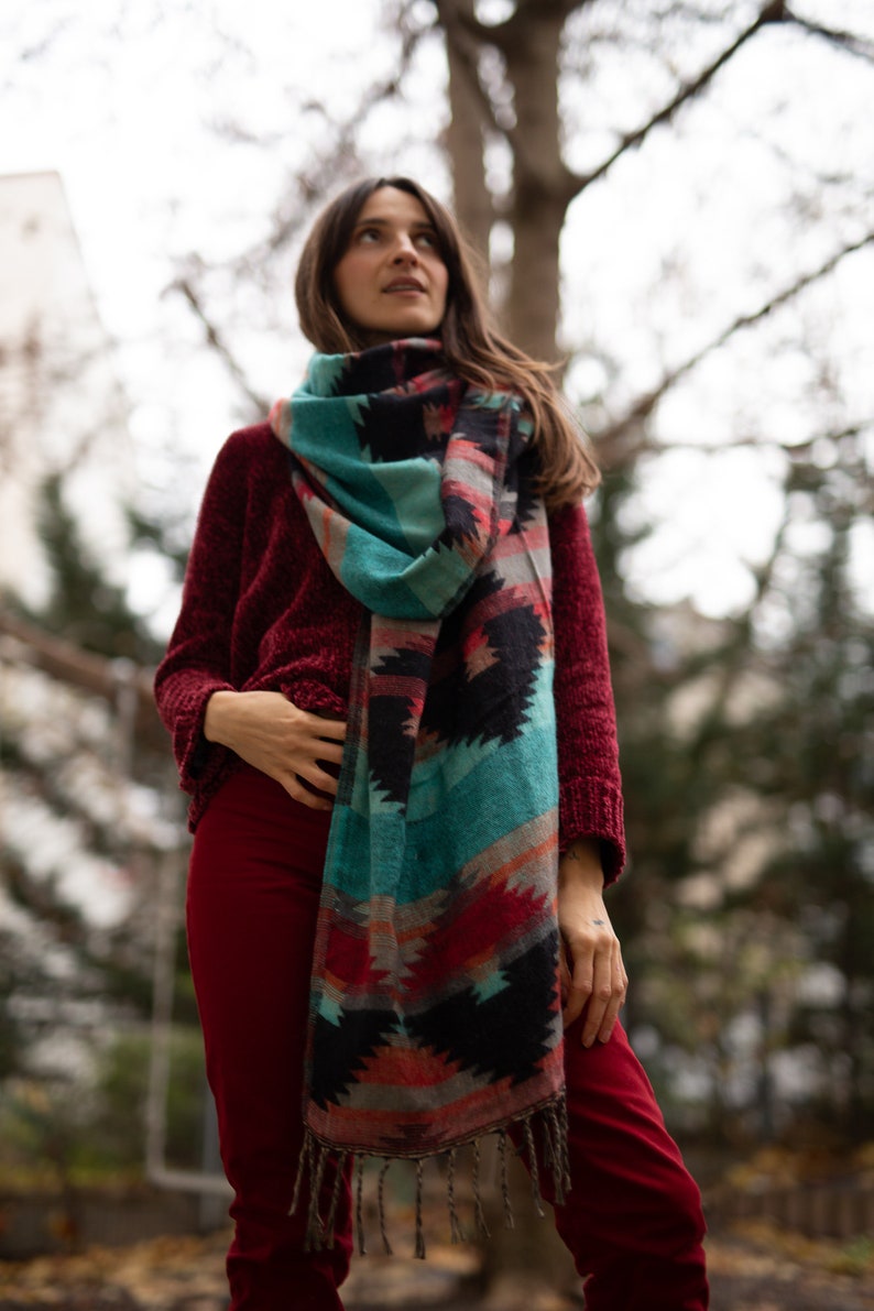 Fairtrade unique pieces for cozy moments wool scarf stole bohemian scarf Stole Rug Bohemian scarf image 4