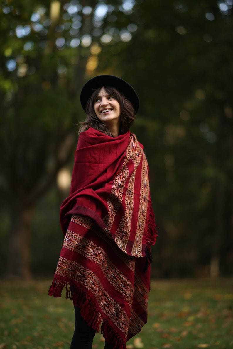 Wool scarf. Stole. Rug. Bohemian scarf. Ethnic scarf. Dark red scrarf image 6