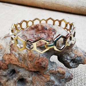 Bangle made of golden brass and copper. Bohemian bangle. Wide bangle.