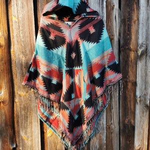 Colorful feel-good poncho: cozy comfort for cold days hooded poncho unisex cape festival poncho Native - color