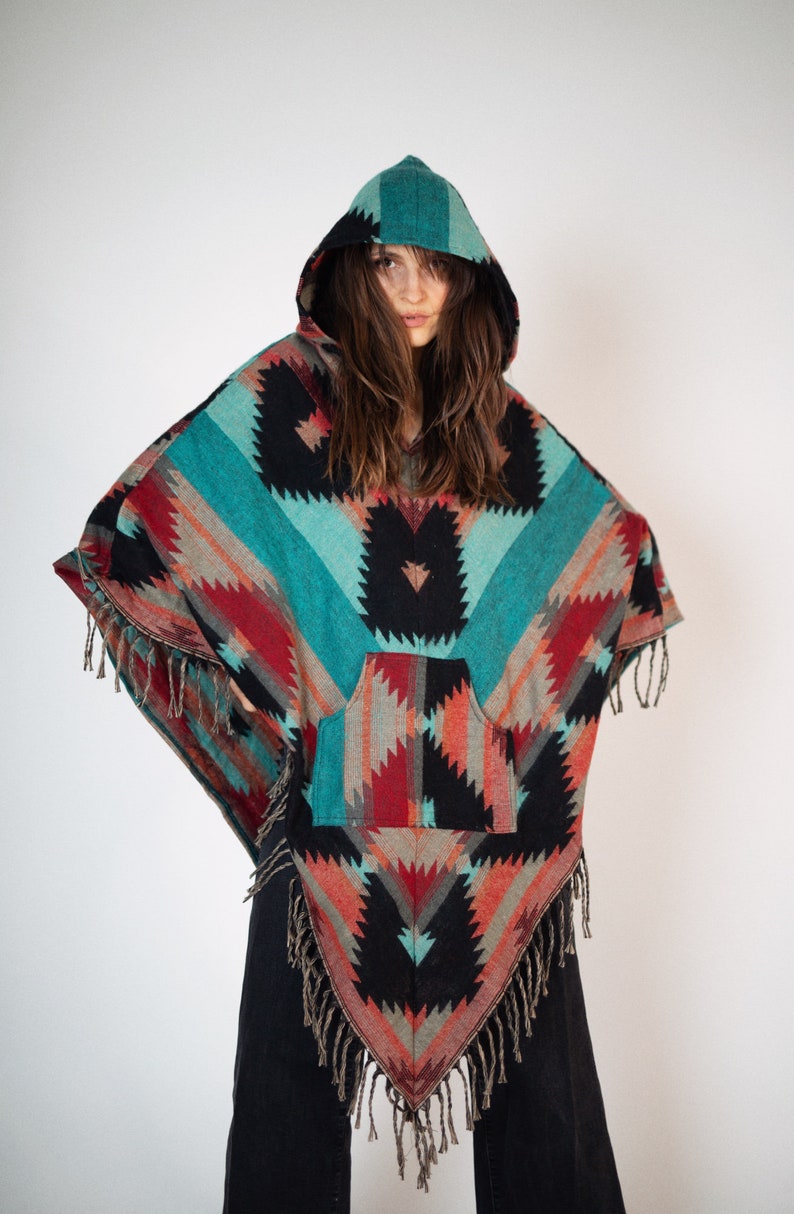 Colorful feel-good poncho: cozy comfort for cold days hooded poncho unisex cape festival poncho Native-Color