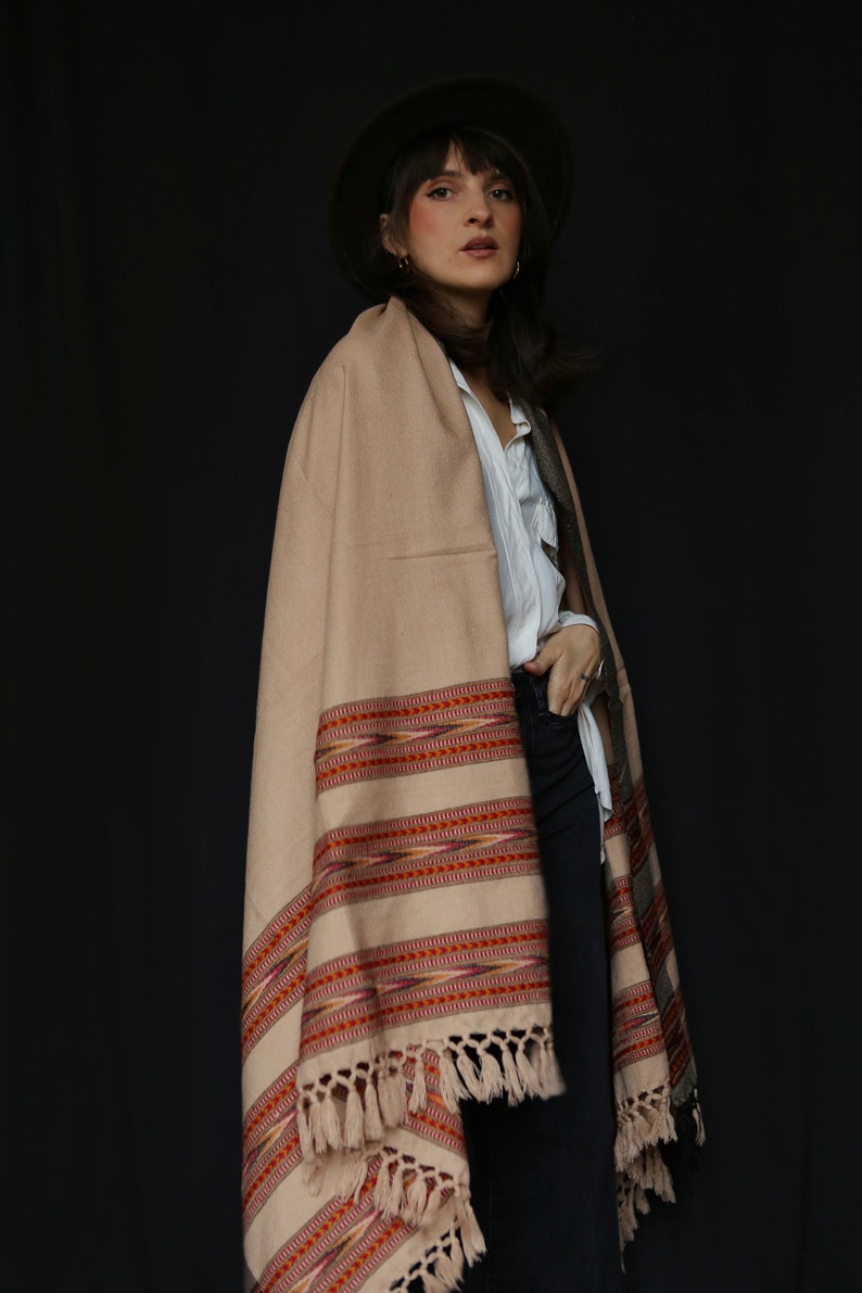 Wool scarf. Stole. Rug. Bohemian scarf. Ethnic scarf. Beige scrarf image 4