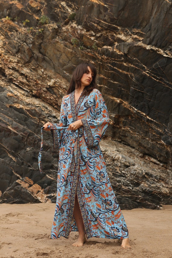 Kleding Dameskleding Pyjamas & Badjassen Jurken Bloemen Zijden kimono robe lang 