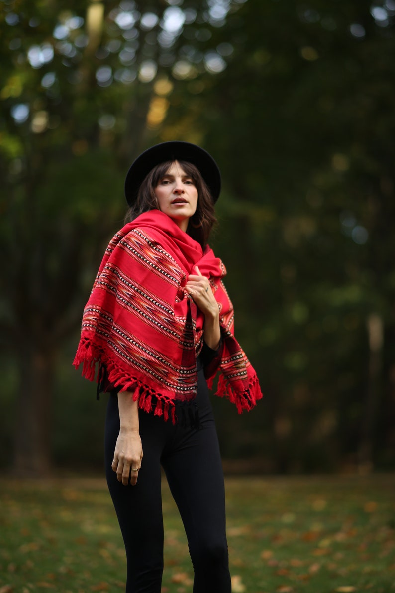 Wool scarf. Stole. Rug. Bohemian scarf. Ethnic scarf. Dark red scrarf image 3