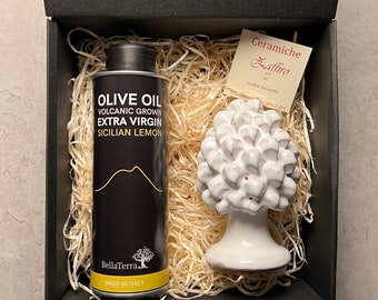 Sicilian Gift Box: Handmade Ceramic Pinecone & Mount Etna Olive Oil