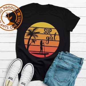 Retro Sunset Sup Girl Paddling Tshirt, paddleboard shirt, Paddleboarding Gifts, sup shirt, Stand Up Paddle Shirt