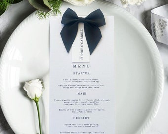 Tarjeta de lugar para menú de boda personalizada: lino blanco, lazo negro