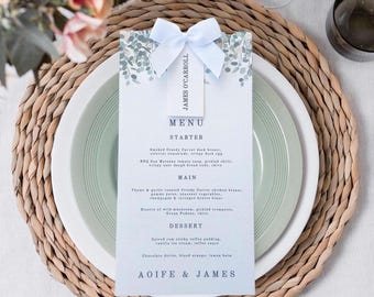 Menú de boda de eucalipto y tarjeta de lugar: lazo blanco, vegetación personalizada
