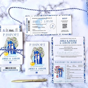 Hochzeit Pass Port Einladung & Bordkarte RSVP Griechenland griechisches Design - Personalisierte benutzerdefinierte Paar-Porträt-Illustration
