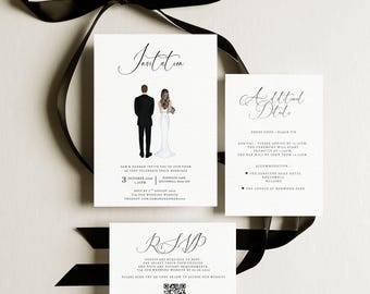 Invitaciones de boda personalizadas con retratos de pareja: Diseño minimalista y moderno