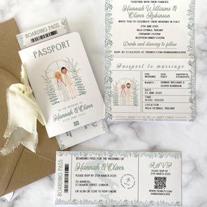 Hochzeit Passport Einladung & Bordkarte Antwortkarte Sage Eukalyptus Design Mediterran Style Italien Griechenland Personalisiertes Portrait