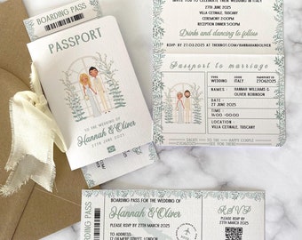 Invitación de pasaporte para boda de destino: Italia, Grecia, retrato RSVP